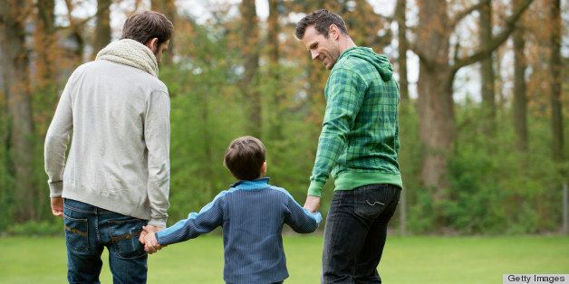 Rear view of a boy walking with two men in a park