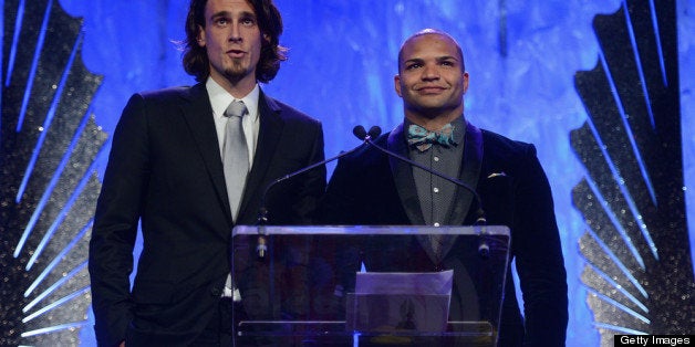 NEW YORK, NY - MARCH 16: NFL atheletes Chris Kluwe and Brendon Ayanbadejo speak onstage at the 24th Annual GLAAD Media Awards on March 16, 2013 in New York City. (Photo by Jamie McCarthy/Getty Images for GLAAD)