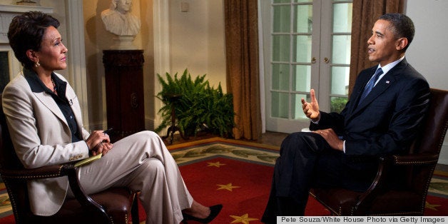 WASHINGTON, DC - MAY 9: U.S. President Barack Obama participates in an interview with Robin Roberts of ABC's Good Morning America, in the Cabinet Room of the White House on May 9, 2012 in Washington, DC. During the interview, President Obama expressed his support for gay marriage, a first for a U.S. president. (Photo by Pete Souza/White House Photo via Getty Images)