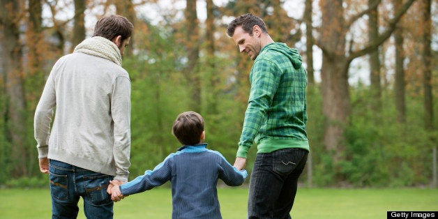 Rear view of a boy walking with two men in a park