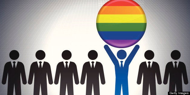 LGBT Flag Button with Business Concept Stick Figures