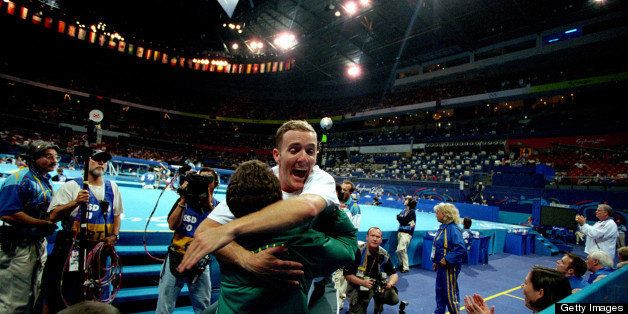 23 Sep 2000: Ji Wallace of Australia celebrates after winning silver in the Men's Trampoline held at the Sydney Superdome during the Sydney 2000 Olympics, Sydney, Australia. Mandatory Credit: Nick Wilson/ALLSPORT