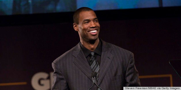 NEW YORK, NY - May 20: Courage Award recipient Jason Collins of the Washington Wizards speaks on stage at the tenth annual 2013 GLSEN Respect Awards which honors extraordinary allies in our safe schools as well as those who serve as strong role models for our nations youth on May 20, 2013 at Gotham Hall in New York City . NOTE TO USER: User expressly acknowledges and agrees that, by downloading and or using this photograph, User is consenting to the terms and conditions of the Getty Images License Agreement. Mandatory Copyright Notice: Copyright 2013 NBAE (Photo by Steven Freeman/NBAE via Getty Images)