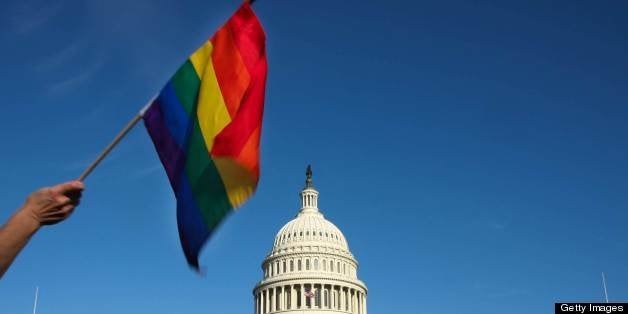 A demonstrator waves a rainbow flag in front of the US Capitol in Washington on October 11, 2009 as tens of thousands of gay