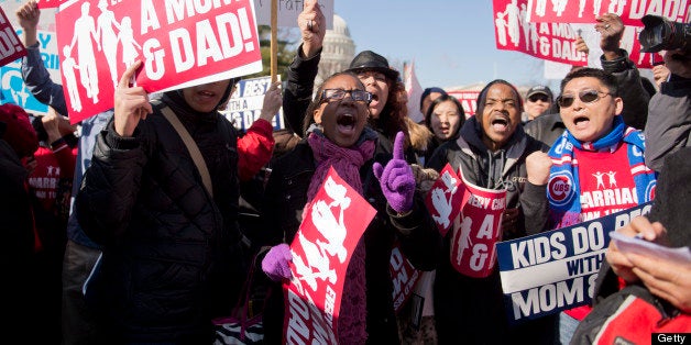 UNITED STATES - MARCH 26: Anti gay marriage protesters shout at people supporting gay marriage, outside of the Supreme Court during opening arguments on the opposition to California's Proposition 8 that bans gay marriage. (Photo By Tom Williams/CQ Roll Call)