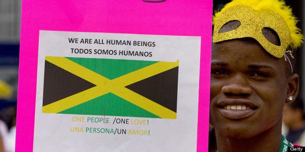 A member of Jamaica's gay community takes part in the first international march against stigma, discrimination and homophobia, in Mexico City, on August 2, 2008, in the framework of the XVII International AIDS/HIV Conference which will start on August 3.. AFP PHOTO/Alfredo ESTRELLA (Photo credit should read ALFREDO ESTRELLA/AFP/Getty Images)