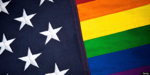 Gay pride American flag with thick textured stars and rainbow stripes