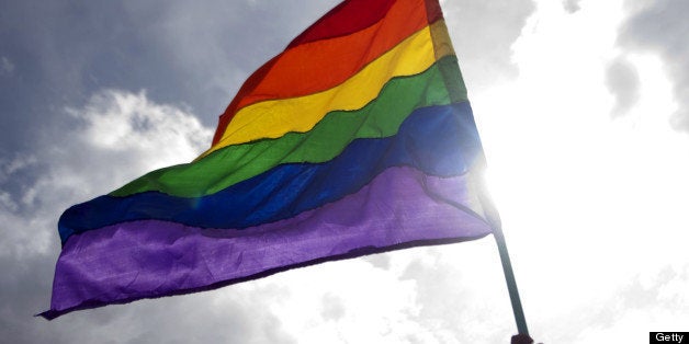 A reveller waves a rainbow flag during the Gay Pride Parade in Medellin, Antioquia department, Colombia on June 30, 2013. AFP
