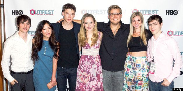LOS ANGELES, CA - JULY 14: (L-R) Writer Edmund Entin, actors Ally Maki, Grant Harvey, Meaghan Martin, Andrew Caldwell, Allie Gonio and director Gary Entin arrive at the 2013 Outfest Film Festival - 'Geography Club' screening at Directors Guild Of America on July 14, 2013 in Los Angeles, California. (Photo by Rodrigo Vaz/FilmMagic)