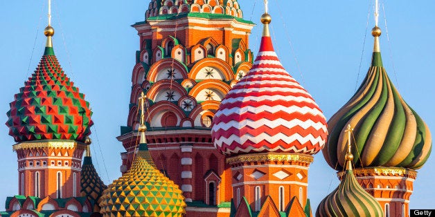 Morning view of the St. Basil's Cathedral. Saint Basil?s Cathedral is one of the well-known buildings in Moscow, Russia. This amazing church was built 450 years ago next to the Moscow Kremlin on Red square