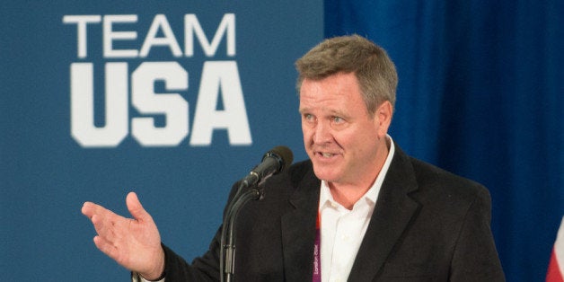 LONDON, ENGLAND - JULY 27: Scott Blackmun speaks to members of the 2012 Team USA at the University of East London on July 27, 2012 in London, England. Michelle Obama addressed members of the 2012 Team USA as leader of the US Olympics delegation, ahead of opening ceremony for the Olympics. (Photo by Adam Jacobs/Getty Images)