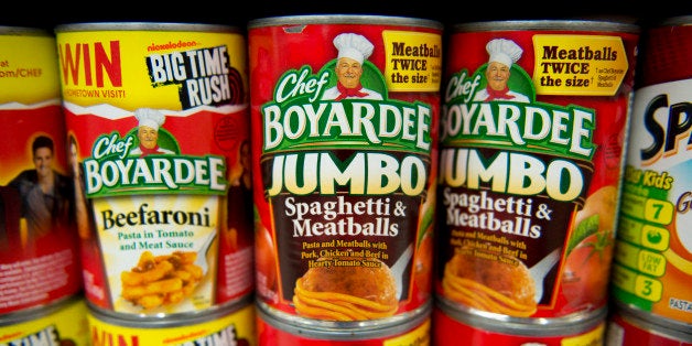 ConAgra Foods Inc. Chef Boyardee brand spaghetti and meatballs sits on display at a supermarket in Princeton, Illinois, U.S., on Tuesday, Sept. 17, 2013. ConAgra Foods Inc., is scheduled to report quarterly earnings on Sept. 19, 2013. Photographer: Daniel Acker/Bloomberg via Getty Images