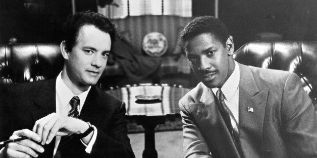 Actors Tom Hanks and Denzel Washington on the set of the Tri Star movie ' Philadelphia' in 1993. (Photo by Michael Ochs Archives/Getty Images)