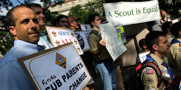 WASHINGTON, DC - MAY 22: Members of Scouts for Equality hold a rally to call for equality and inclusion for gays in the Boy Scouts of America as part of the 'Scouts for Equality Day of Action' May 22, 2013 in Washington, DC. The Boy Scouts of America is scheduled to hold a two day meeting tomorrow with 1,400 local adult leaders to consider changing its policy of barring openly gay teens from participating in the Boy Scouts. (Photo by Win McNamee/Getty Images)