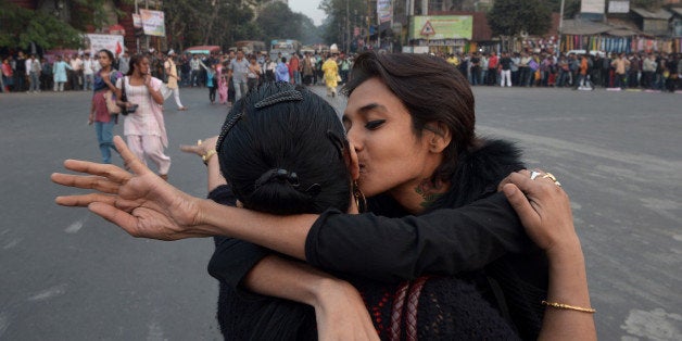 Indian gay rights activists participate in a protest against the Supreme Court ruling reinstating a ban on gay sex in Kolkata on December 19, 2013. India's Supreme Court reinstated a colonial-era ban on gay sex on that could see homosexuals jailed for up to ten years in a major setback for rights campaigners in the world's biggest democracy. AFP PHOTO/Dibyangshu SARKAR (Photo credit should read DIBYANGSHU SARKAR/AFP/Getty Images)