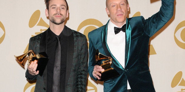 LOS ANGELES, CA - JANUARY 26: Macklemore & Ryan Lewis pose in the press room at the 56th GRAMMY Awards at Staples Center on