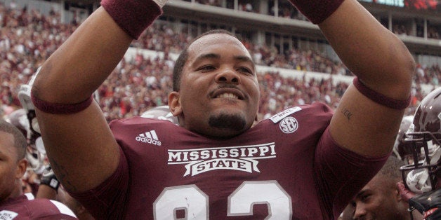 STARKVILLE, MS - SEPTEMBER 08: Tight end Rufus Warren #82 of the Mississippi State Bulldogs celebrates the 28-10 win over Auburn in the fourth quarter of a NCAA college football game on September 8, 2012 at Davis Wade Stadium in Starkville, Mississippi. (Photo by Butch Dill/Getty Images)