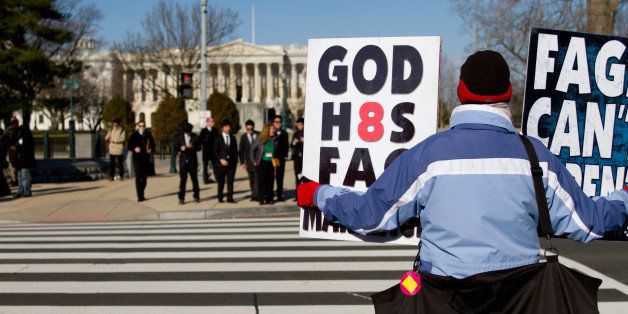 [UNVERIFIED CONTENT] Person from Westboro Baptist Church rallies against gay marriage at the Supreme Court of the United States during the Prop 8 and DOMA hearing in 2013.