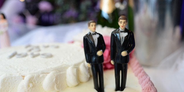 A wedding cake with a male couple is seen at The Abbey restaurant at a celebration of the over100 same-sex marriages performe