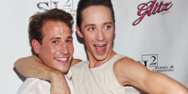 NEW YORK, NY - JULY 07: (L-R) Victor Weir-Voronov and husband Johnny Weir-Voronov attend their Official Birthday Party at Marcel Hotel on July 7, 2012 in New York City. (Photo by Astrid Stawiarz/Getty Images)