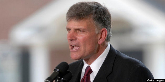 CHARLOTTE, NC - MAY 31: Franklin Graham, son of Evangelist Billy Graham, addresses the audience from the stage during the Billy Graham Library Dedication Service on May 31, 2007 in Charlotte, North Carolina. Approximately 1500 guests, including former U.S. Presidents Jimmy Carter, George H.W. Bush and Bill Clinton, attended the private dedication ceremony for the library, which chronicles the life and teachings of Evangelist Billy Graham. (Photo by Davis Turner/Getty Images)