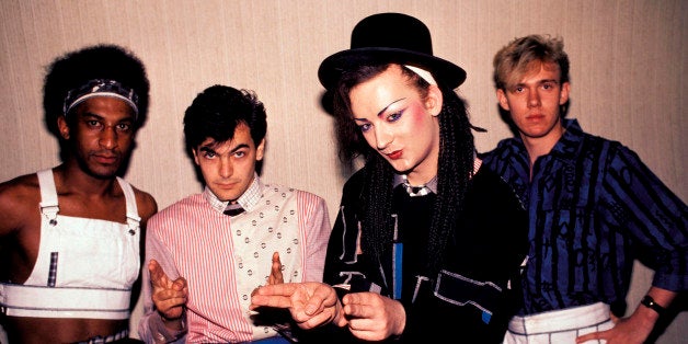 UNITED STATES - JUNE 30: Photo of CULTURE CLUB and Mikey CRAIG and Jon MOSS and BOY GEORGE and Roy HAY; Posed group portrait L-R Mikey Craig, Jon Moss, Boy George and Roy Hay (Photo by Ebet Roberts/Redferns)