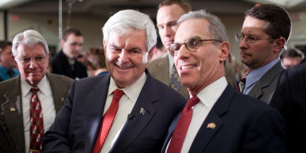 NASHUA, NH - JANUARY 06: Republican presidential candidate, former Speaker of the House Newt Gingrich (L) poses for a picture with former 2012 Republican presidential candidate Fred Karger, at a Hillsborough County Republican Committee meeting at the Crowne Plaza Hotel on January 06, 2012 in Nashua, New Hampshire. After finishing fourth in the Iowa Caucus, Gingrich continued his campaign in New Hampshire for the upcoming primary. (Photo by Matthew Cavanaugh/Getty Images)