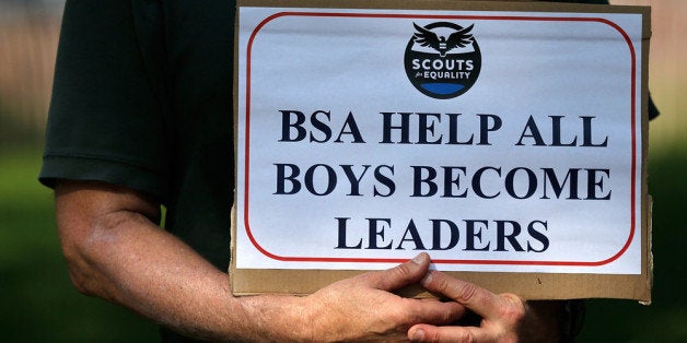 WASHINGTON, DC - MAY 22: Members of Scouts for Equality hold a rally to call for equality and inclusion for gays in the Boy Scouts of America as part of the 'Scouts for Equality Day of Action' May 22, 2013 in Washington, DC. The Boy Scouts of America is scheduled to hold a two day meeting tomorrow with 1,400 local adult leaders to consider changing its policy of barring openly gay teens from participating in the Boy Scouts. (Photo by Win McNamee/Getty Images)