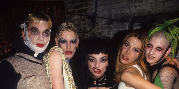 Club kids and denizens (from left:) Michael Alig, Richie Rich, Nina Hagen, Sophia Lamar and Genetalia attend New Year's eve festivities at Club USA in New York City, 1994. (Photo by Steve Eichner/Getty Images)