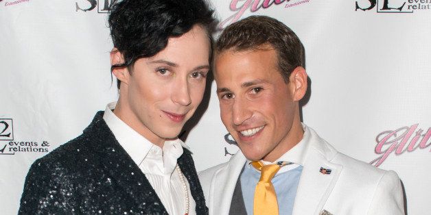 NEW YORK, NY - JULY 27: Johnny Weir (L) and Victor Weir-Voronov attend Johnny Weir & Victor Weir-Voronov's Birthday Celebration at Soho Grand Hotel on July 27, 2013 in New York City. (Photo by Michael Stewart/Getty Images)