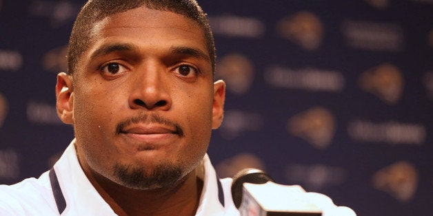 EARTH CITY, MO - MAY 13: St. Louis Rams draft pick Michael Sam addresses the media during a press conference at Rams Park on