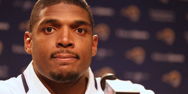 EARTH CITY, MO - MAY 13: St. Louis Rams draft pick Michael Sam addresses the media during a press conference at Rams Park on May 13, 2014 in Earth City, Missouri. (Photo by Dilip Vishwanat/Getty Images)