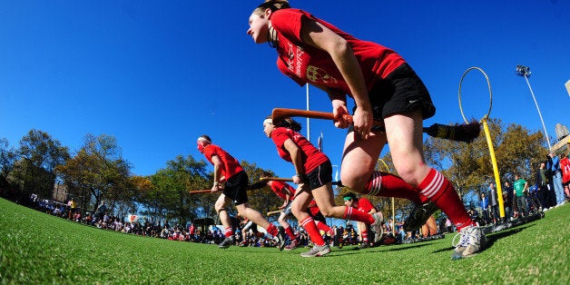 Competitors take part in a match of Quidditch, Harry Potter's magical and fictional game, during the 4th Quidditch World Cup, in New York, November 13, 2010. Quidditch, the brainchild of Harry Potter author J.K. Rowling, has taken its flight in some 400 colleges and 300 high schools in North America, getting its start in 2005 at Middlebury College, Vermont. Hundreds of competitors took over a Manhattan park to participate in the games fourth world cup. AFP PHOTO/Emmanuel Dunand (Photo credit should read EMMANUEL DUNAND/AFP/Getty Images)