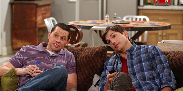 LOS ANGELES - FEBRUARY 7: 'Throgwarten Middle School Mysteries' -- When Walden runs into his ex-wife at a high-end singles mixer and they talk about getting back together, Alan worries that she's not good for Walden, on TWO AND A HALF MEN, Thursday, Feb. 21 (8:31 ' 9:01 PM, ET/PT) on the CBS Television Network. Judy Greer returns as Bridget, Walden's ex-wife. Left: Alan Harper (Jon Cryer), Right: Walden Schmidt (Ashton Kutcher) m(Photo by Michael Yarish/CBS via Getty Images) 