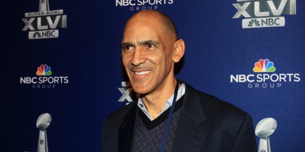 INDIANAPOLIS, IN - JANUARY 31: NBC studio analyst Tony Dungy looks on during the Super Bowl XLVI Broadcasters Press Conferen