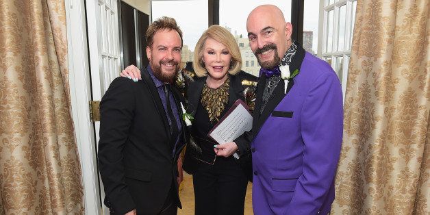 NEW YORK, NY - AUGUST 15: (EXCLUSIVE ACCESS, SPECIAL RATES APPLY) TV personality Joan Rivers officiates the gay wedding of William 'Jed' Ryan (L) and Joseph Aiello at the Plaza Athenee on August 15, 2014 in New York City. (Photo by Michael Loccisano/Getty Images)