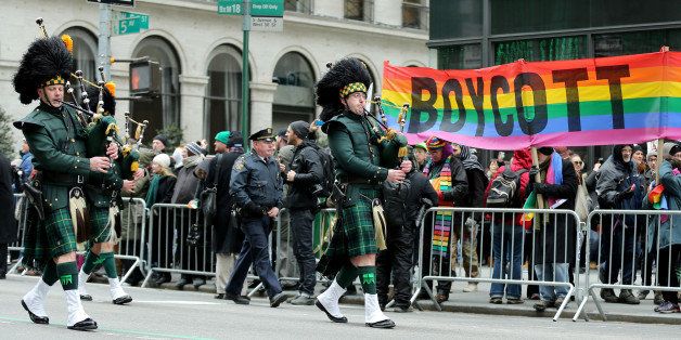 NEW YORK, NY - MARCH 17 : Thousands of people attend the 253rd annual St. Patrick's Day Parade along Fifth Avenue in New York City on March 17, 2014. Some members of LGBT (lesbian, gay, bisexual and transgender) protest against the exclusion of their community from the St. Patrick's Day Parade. Crowds appeared to be thinner in past years due to the cold weather. (Photo by Bilgin Sasmaz/Anadolu Agency/Getty Images)