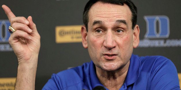 Duke basketball coach Mike Krzyzewski speaks to members of the media during a press conference in Durham, N.C., Thursday, Sept. 18, 2014. (AP Photo/Gerry Broome)