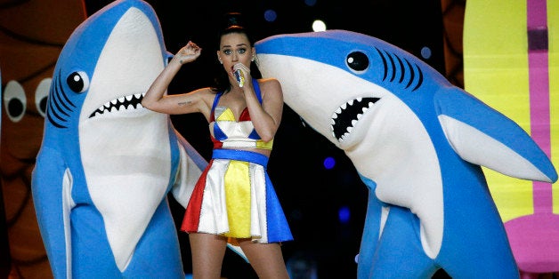 FILE - In this Feb. 1, 2015, file photo, singer Katy Perry performs during halftime of the NFL Super Bowl XLIX football game in Glendale, Ariz. The dancing sharks that stole some of the spotlight during Perry's Super Bowl halftime show have taken a bite out of an artist's bid to sell small figurines of them. (AP Photo/David J. Phillip, File)