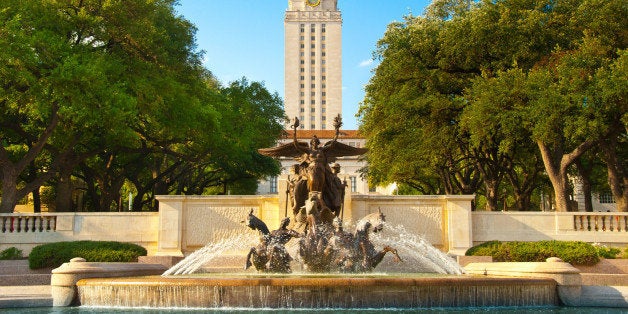 University of Texas Littlefield Fountain (1933 sculpture) by Pompeo Coppini and 307 ft tall UT Tower - Austin, Texas, USA