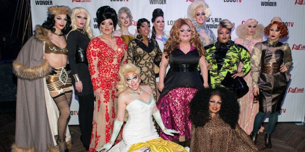 NEW YORK, NY - FEBRUARY 23: (Back row L-R) Violet Chachki, Pearl, Mrs. Kasha Davis, Max, Jasmine Masters, Sasha Belle, Ginger Minj, Tempest DuJour, Jaidynn Diore Fierce, Katya, Kandy Ho, (front row L-R) Trixie Mattel and Kennedy Davenport attend RuPaul's Drag Race season 7 New York Premiere at Diamond Horseshoe at the Paramount Hotel on February 23, 2015 in New York City. (Photo by Noam Galai/WireImage)