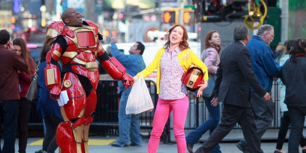 NEW YORK, NY - MARCH 27: Tituss Burgess and Ellie Kemper on the set of 'The Unbreakable Kimmy Schmidt' on March 27, 2014 in New York City. (Photo by Steve Sands/GC Images)