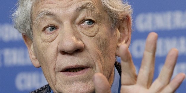 Actor Sir Ian McKellen gestures during the press conference for the film Mr. Holmes at the 2015 Berlinale Film Festival in Berlin, Germany, Sunday, Feb. 8, 2015. (AP Photo/Michael Sohn)