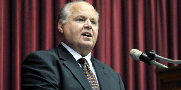 FILE - This May 14, 2012 file photo shows conservative commentator Rush Limbaugh speaking during a ceremony inducting him int