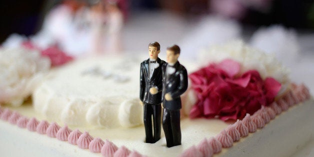 WEST HOLLYWOOD, CA - JULY 01: A wedding cake for same-sex couples at a wedding celebration at The Abbey on July 1, 2013 in W