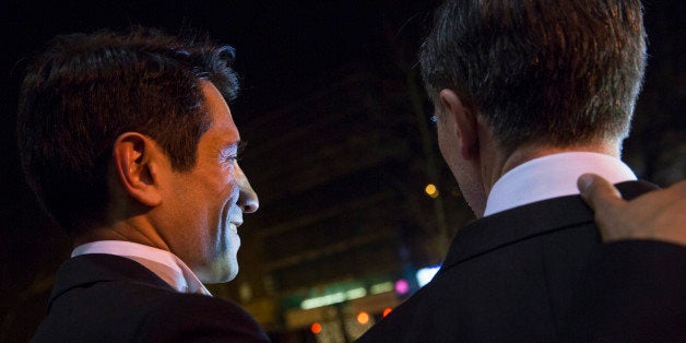 LONDON, UNITED KINGDOM - MARCH 29: Gay couple Peter McGraith and David Cabreza are greeted by well-wishers after being married shortly after midnight at Islington Town Hall in one of the UK's first same-sex weddings on March 29, 2014 in London, England. Same sex couples have been able to enter into 'civil partnerships' since 2005, however following a change in the law in July 2013 gay couples are now eligible to marry in England and Wales. A number of gay couples have arranged for their wedding ceremonies to take place shortly after midnight on March 29, 2014 to become some of the first to take advantage of the new law. Parliament's decision to grant same sex couples an equal right to marriage has been met with opposition from religious groups. Gay marriage is currently being debated in Scotland, however the Northern Ireland administration has no plans to make it law. (Photo by Rob Stothard/Getty Images)