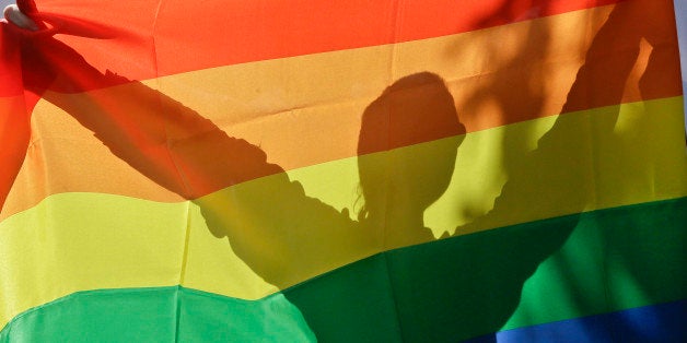 An activist in Ukraine's first gay pride demonstration seen through the rainbow flag during the action in Kiev, Ukraine, Saturday, May 25, 2013. About a hundred gay and lesbian Ukrainians and those from other countries took part in the gay pride rally, protected by hundreds of riot police. Antipathy toward homosexuals remains strong in Ukraine. (AP Photo/Efrem Lukatsky)