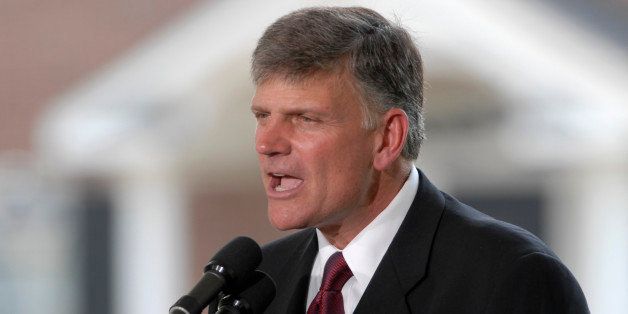 CHARLOTTE, NC - MAY 31: Franklin Graham, son of Evangelist Billy Graham, addresses the audience from the stage during the Billy Graham Library Dedication Service on May 31, 2007 in Charlotte, North Carolina. Approximately 1500 guests, including former U.S. Presidents Jimmy Carter, George H.W. Bush and Bill Clinton, attended the private dedication ceremony for the library, which chronicles the life and teachings of Evangelist Billy Graham. (Photo by Davis Turner/Getty Images)