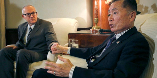 George Takei, right, speaks with his husband Brad Altman during an interview before a reception at U.S. Ambassador to Japan Caroline Kennedy's official residence Thursday, June 5, 2014, in Tokyo. Takei said he needed courage and anger to come out as gay and to join the equal rights movement for sexual minorities in the U.S., and he hopes his Japanese counterparts will do the same to make their society more equal. Takei, 77, is in Japan to attend embassy-organized events marking Lesbian, Gay, Bisexual and Transgender Pride Month in the U.S. (AP Photo/Shizuo Kambayashi, Pool)