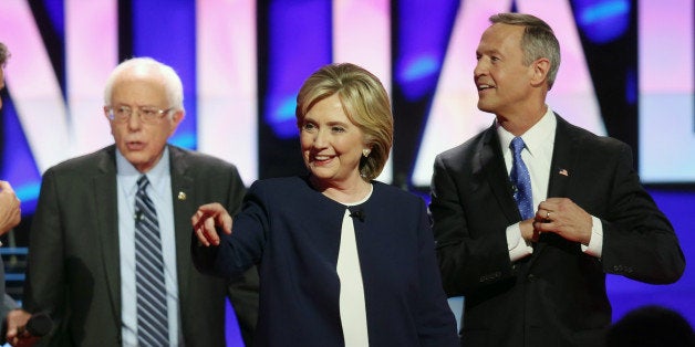 LAS VEGAS, NV - OCTOBER 13: (L-R) Democratic presidential candidates Sen. Bernie Sanders (I-VT) Hillary Clinton and Martin O'Malley walk on the stage at the end of a presidential debate sponsored by CNN and Facebook at Wynn Las Vegas on October 13, 2015 in Las Vegas, Nevada. Five Democratic presidential candidates are participating in the party's first presidential debate. (Photo by Joe Raedle/Getty Images)